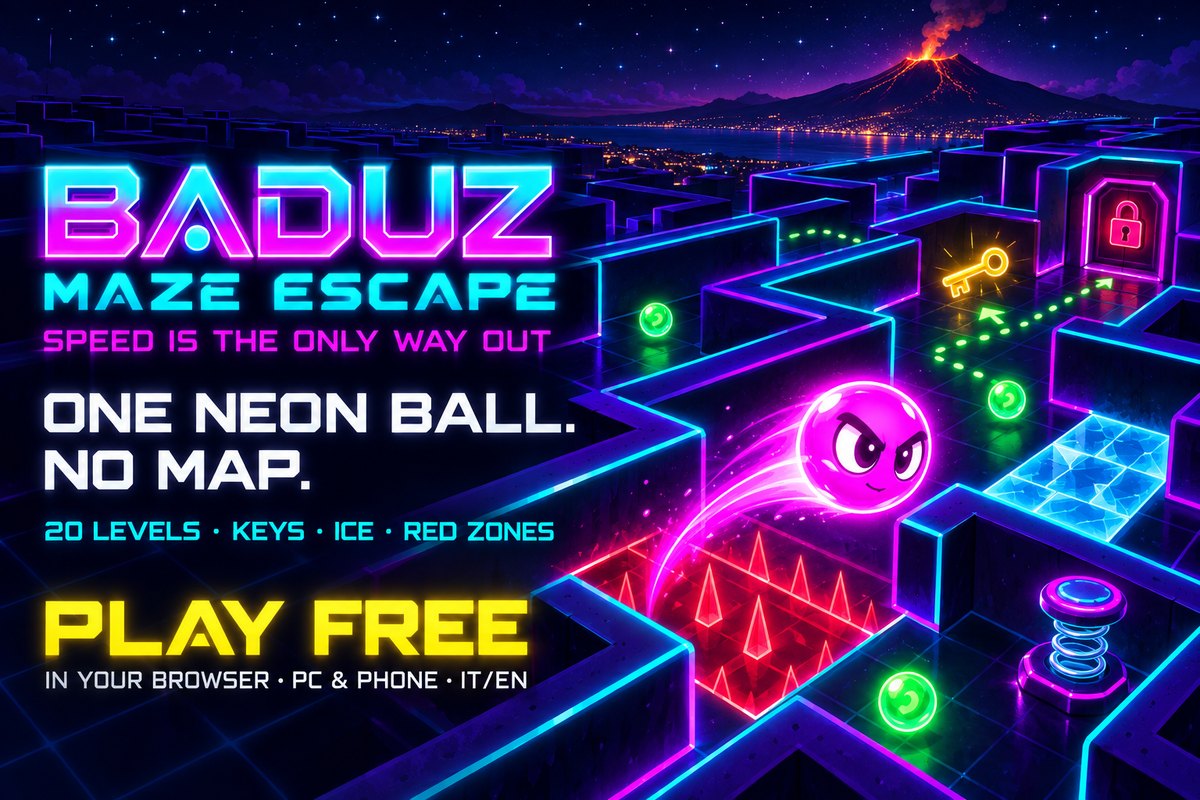 Baduz, a magenta neon ball, in a neon maze