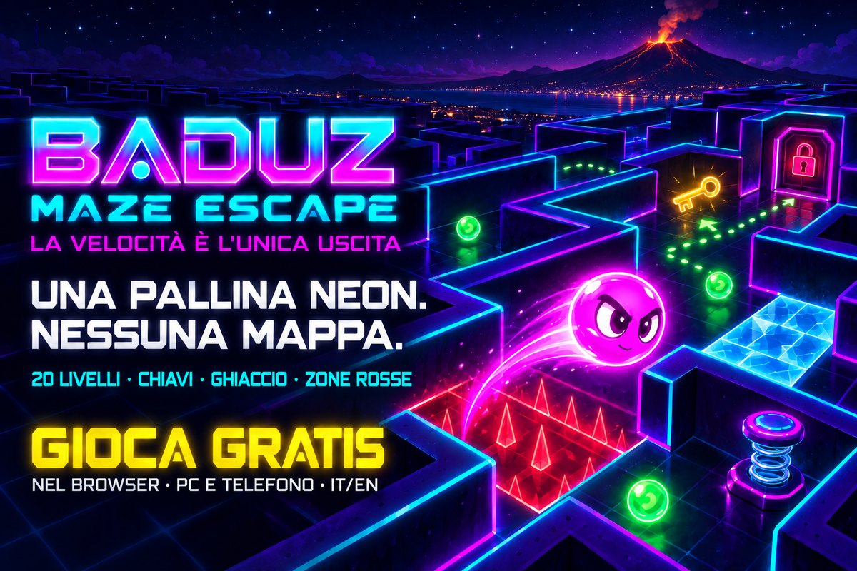 Baduz, una pallina neon magenta, in un labirinto al neon