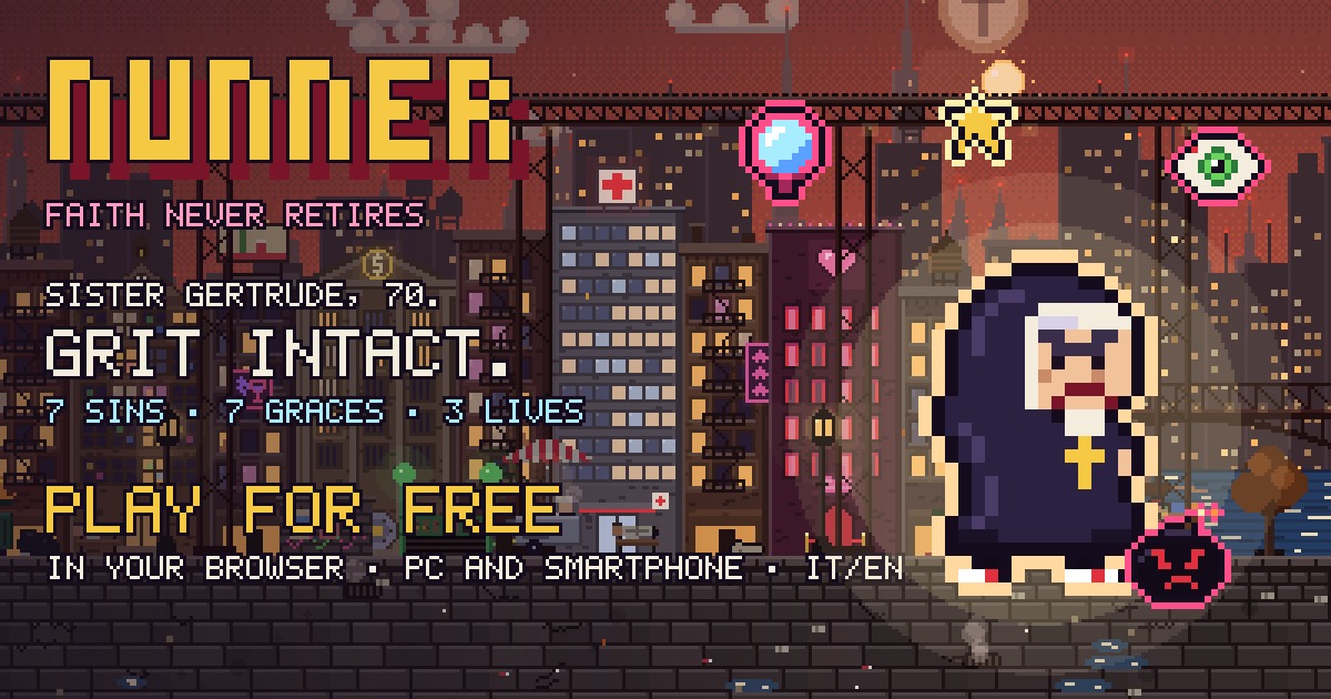Sister Gertrude in pixel art in front of the city at sunset, with the Nunner logo