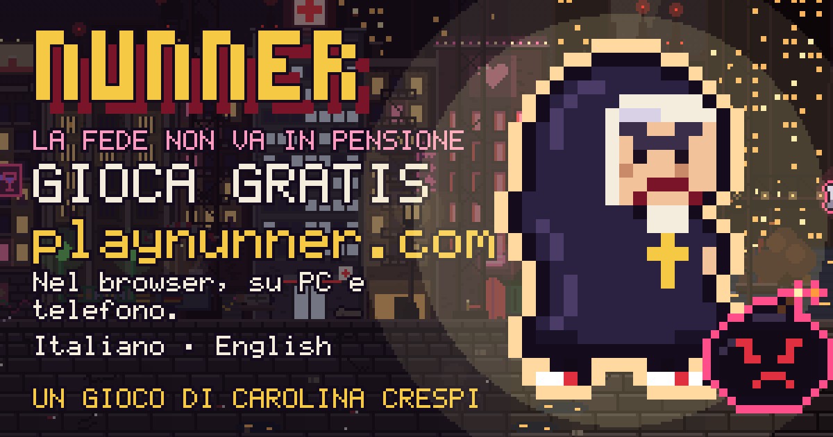 Suor Gertrude in pixel art con il logo di Nunner e l'indirizzo playnunner.com